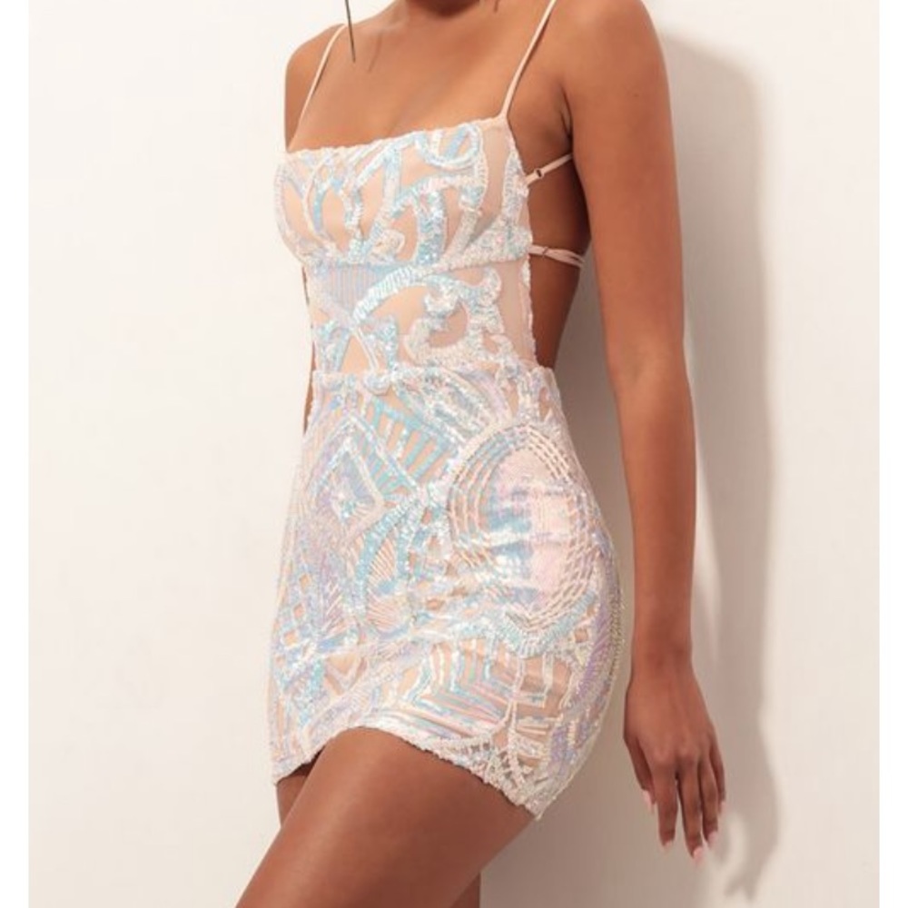lucy in the sky Starstruck Strappy Dress in Nude Iridescence brand new size m.